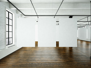 Modern art museum expo in loft interior. Open space studio.Empty white canvas hanging.Wood floor, bricks wall,panoramic windows.Blank frames ready for bussiness information.Horizontal. 3d rendering