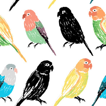 Seamless pattern with colorful hand drawn parrots