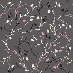 Beautiful seamless pattern with flowers and leaves on grey backg