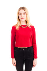 Fototapeta premium Pretty blonde girl in red isolated