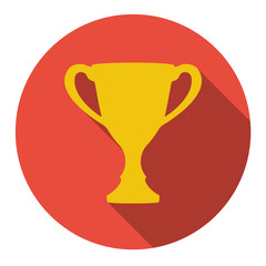 Trophy cup icon on a round red frame. Vector winning champions cup sign. Flat design.