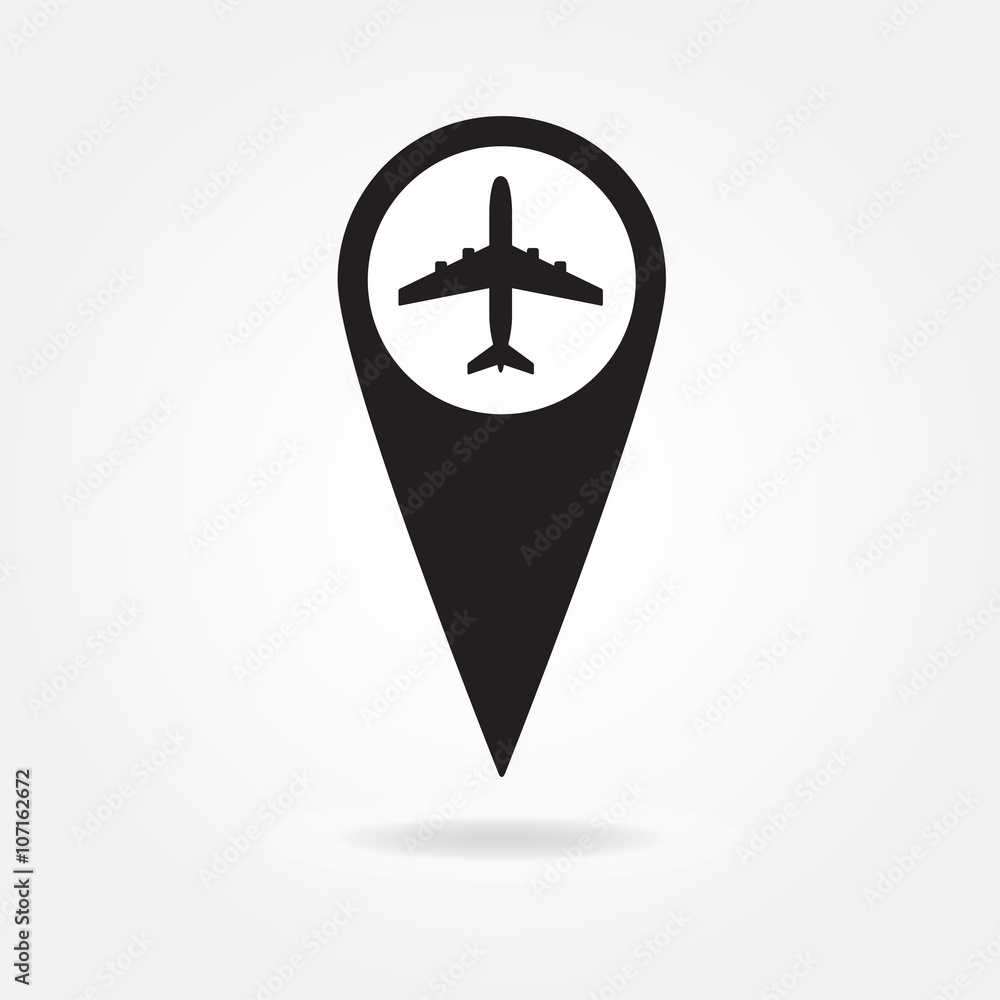Poster map pointer with airplane icon. vector aircraft symbol or sign.