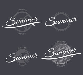 Summer logo or surfing logo with surfboard, palms trees, wave and sun in retro style on dark background, hand drawn brush lettering poster
