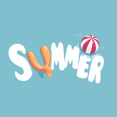 Fototapeta premium white funny letters with inflatable rubber duck swim ring and a beach ball on blue background, summer vector illustration