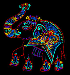 folk art indian elephant, vector dot painting illustration 