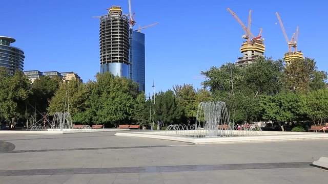 Fountains in front of the construction of the 200-meter skyscraper business center. The Republic of Azerbaijan