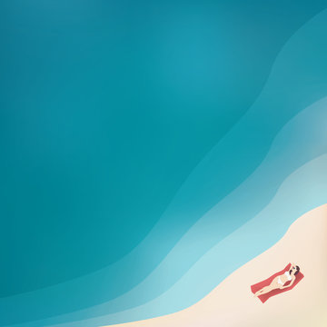 Woman In Bikini Lying On A Sandy Beach Next To The Clean Water Ocean. Top Aerial View Vector Background Illustration With Copy Space.