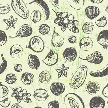 Ink hand drawn fruits and vegetables seamless pattern