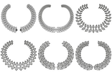 Foliate wreaths set.  Black wreaths made of different tree leaves.  Vector illustration.