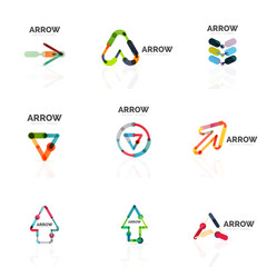 Set of linear arrow abstract logos, connected multicolored segments lines in directional pointer figures