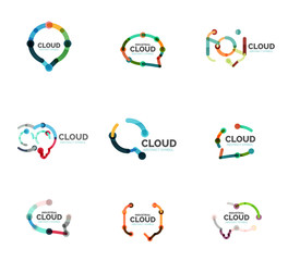 Set of flat linear design speech cloud logos. Talk bubbles, modern geometric industrial thin line icons