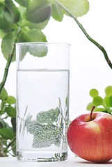 photo of glass of water and apple in it with some green plants, white isolated background