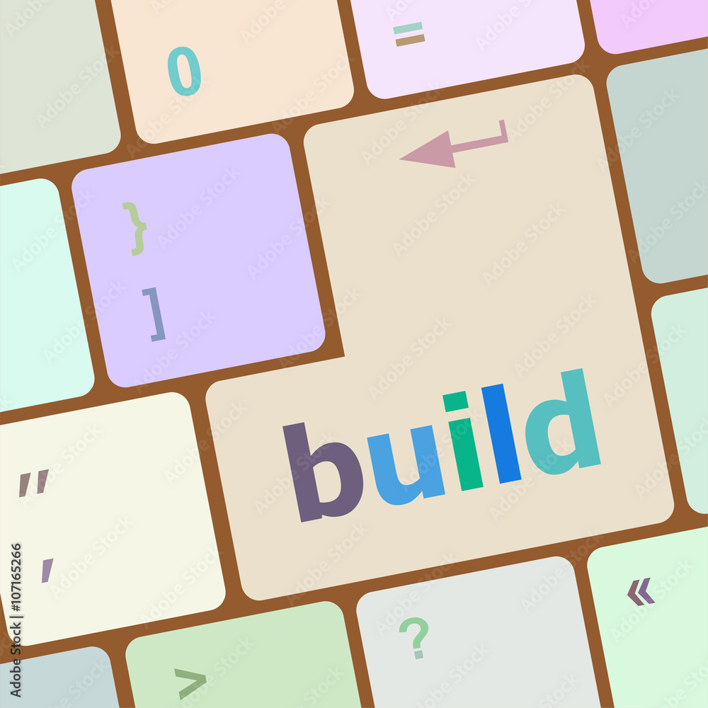 Poster computer keyboard with build key. business concept, raster vector illustration