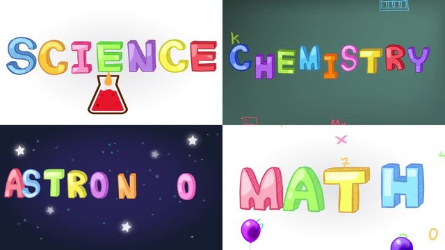 Four screen animation of science, math, chemistry, and astronomy handwriting doodle with sign and symbol icon object tool moving used for children education or academic presentation in 4k ultra HD