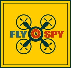 Drone quadrocopter icon. Fly and spy text