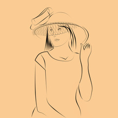 Девушка в шляпе с вуалью, силуэт черные линии на белом фоне. Абстрактный рисунок  