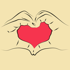 Сердце красное  из пальцев рук. знак любви. Силуэт линии на бежевом фоне