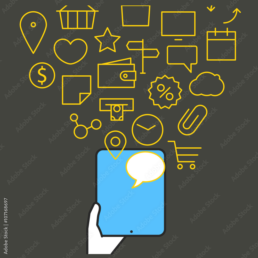 Poster different techno icons flows into the modern gadgets. lineart ve