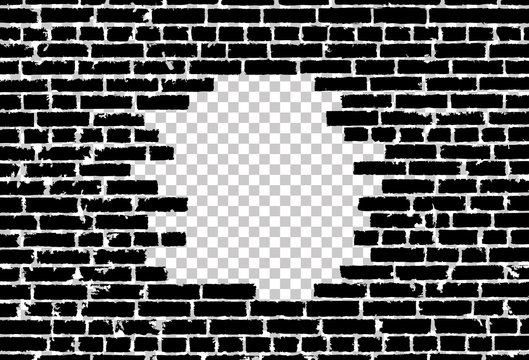 Broken realistic old black brick wall concept on transparent background. Vector illustration