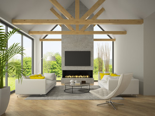 Interior of living room with  sofas and fireplace 3D rendering