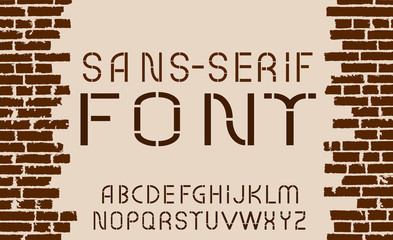 Brown vintage sans-serif font on old brick wall background. Vector illustration