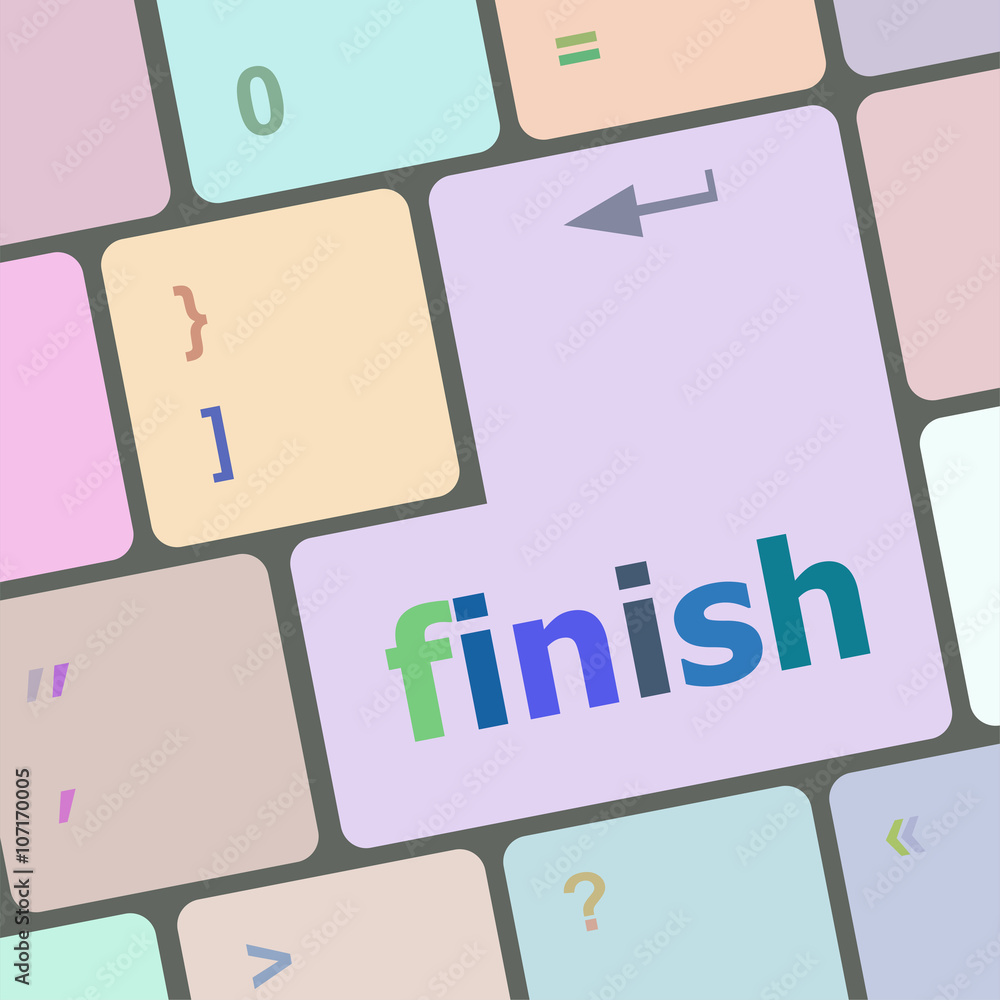 Poster finish word on keyboard key, notebook computer button vector illustration