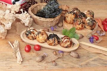 Takoyaki fried balls with sauce ,tradinition japanese food.