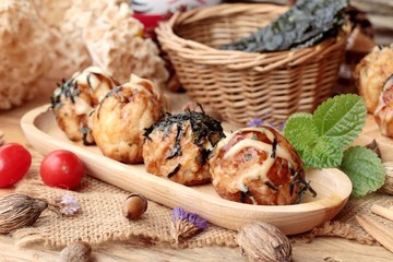 Takoyaki fried balls with sauce ,tradinition japanese food.