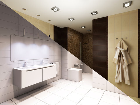 3d illustration of interior design of a bathroom with shower.
