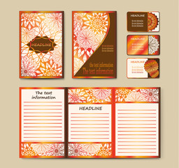 A set of templates of business cards, brashyur, invitations. Page A5 and A4. Floral mandalas. The Eastern vector flyer design front and back sides. Easy to use and edit. Islam