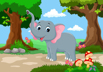 Funny elephant with a background of a beautiful garden