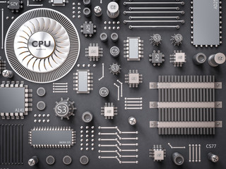 Processor (microchip) interconnected receiving and sending information. Concept of technology and future.