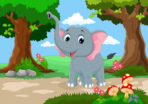 Funny elephant with a background of a beautiful garden