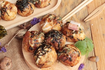 Takoyaki fried balls with sauce ,tradinition japanese food.