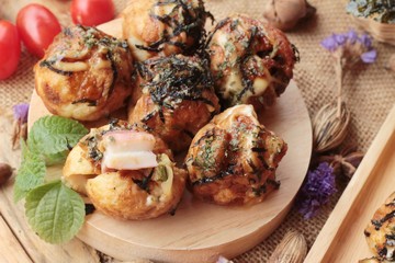 Takoyaki fried balls with sauce ,tradinition japanese food.
