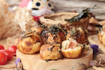 Takoyaki fried balls with sauce ,tradinition japanese food.