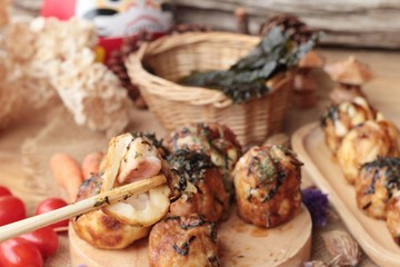 Takoyaki fried balls with sauce ,tradinition japanese food.