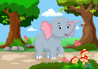 Fototapeta premium Funny elephant with a background of a beautiful garden