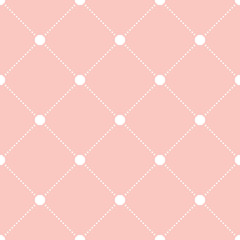 Geometric repeating vector ornament with diagonal dotted lines. Seamless abstract modern pink and white pattern