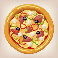 Greek pizza vector illustration. Pizza set. Cartoon style icon. Restaurant menu illustration. 