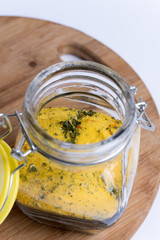 Top view of glass jar with mixed spices