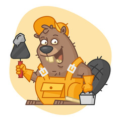 Beaver Holds Trowel and Bucket with Cement