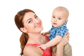 Happy cheerful family. Mother and baby kissing, laughing, hugging and playing. isolated on white background