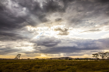 Safari car driving in beautiful and dramatic african landscape