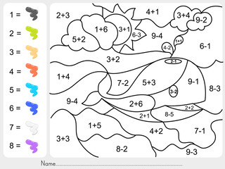 Paint color by addition and subtraction numbers - Worksheet for education