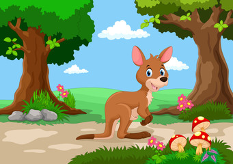 Obraz na płótnie Canvas Funny kangaroo with a background of a beautiful garden
