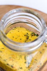 Selective focus on jar with mixed spices