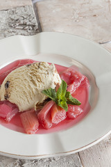 Rhabarberkompott mit Eis auf einem Teller angerichtet