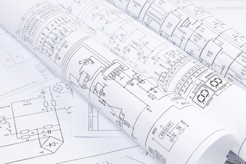 Science, technology and electronics. Electrical engineering drawings printing. Scientific development.