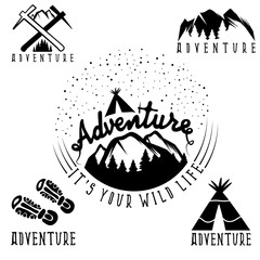 set of vintage labels mountain adventure and camping
